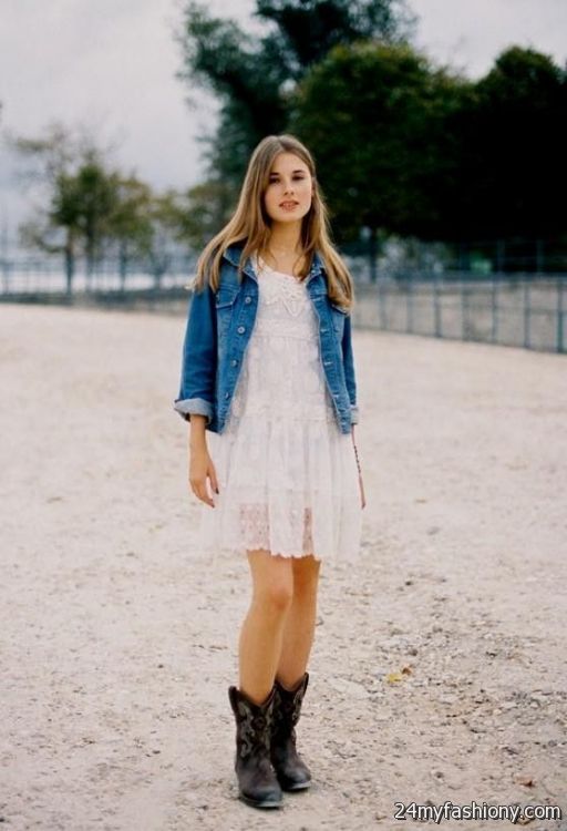 dress with denim jacket and boots