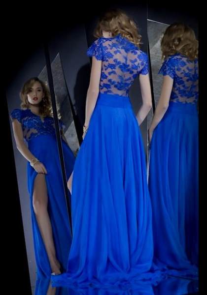 lace prom dress with sleeves blue 2018