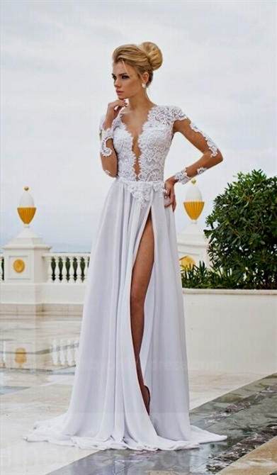 prom dresses lace sleeves white 2018