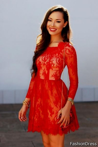 red lace dresses with sleeves 2017-2018