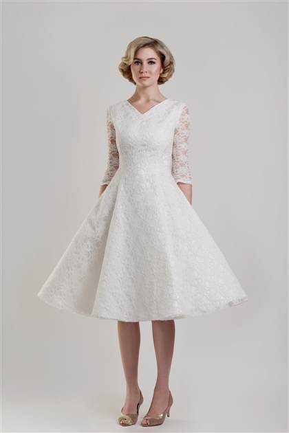 wedding dress lace sleeves tea length 2017-2018