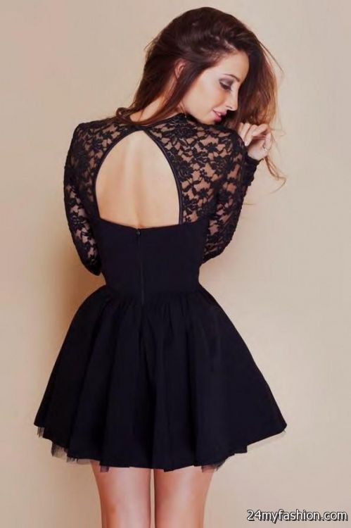 black lace short dress long sleeve 2018-2019