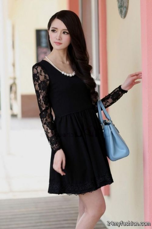 black lace short dress long sleeve 2018-2019