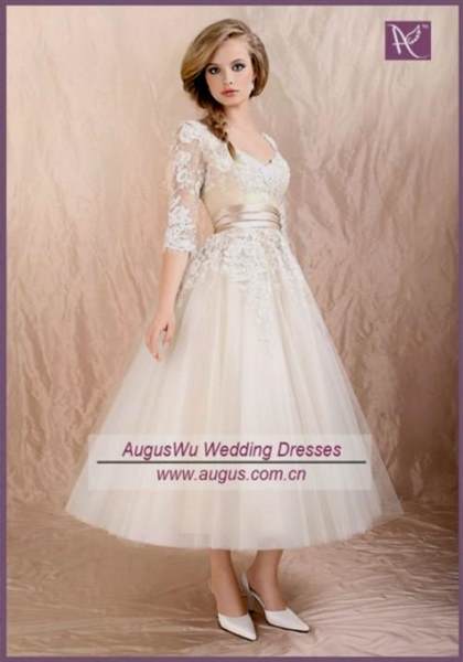 wedding dress with sleeves tea length 2018-2019
