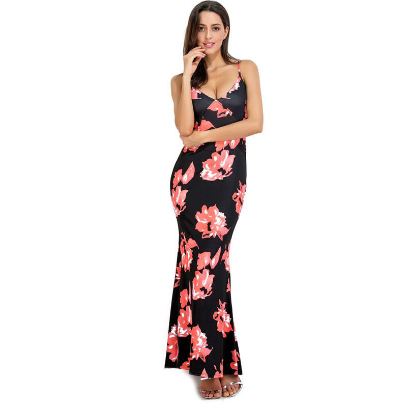 Summer Boho Maxi Evening Party Dress Sleeveless Floral Print V-Neck Dresses For Women