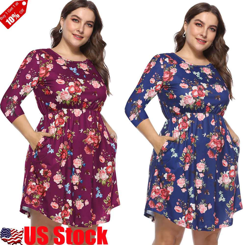 Plus Size Women Floral Print Mini Dress Summer Party Long Sleeve Dress