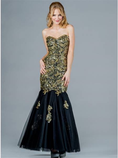 black and gold lace prom dress