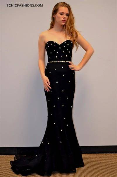 black prom dress with red accessories