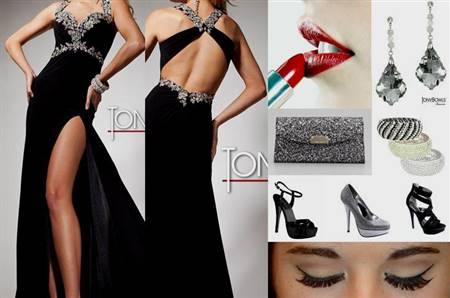 black prom dress with red accessories