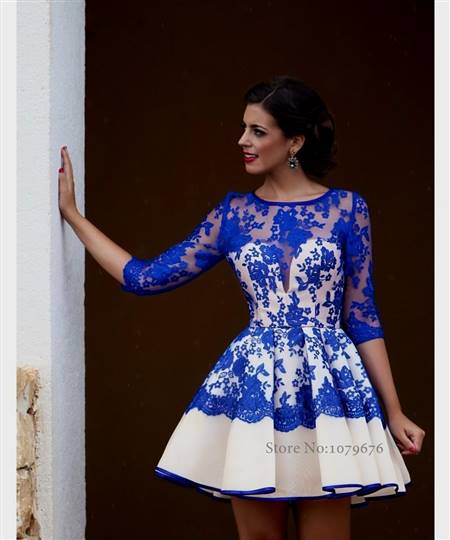 blue lace cocktail dress with sleeves