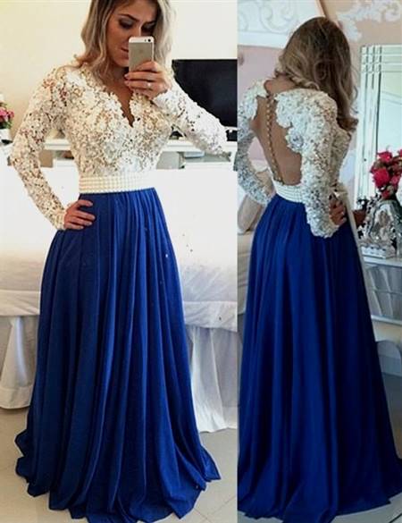 blue prom dresses with lace sleeves