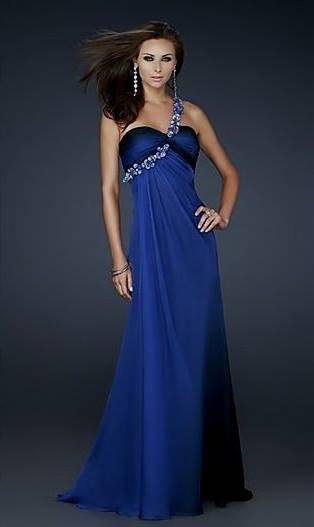 dark blue one shoulder prom dress