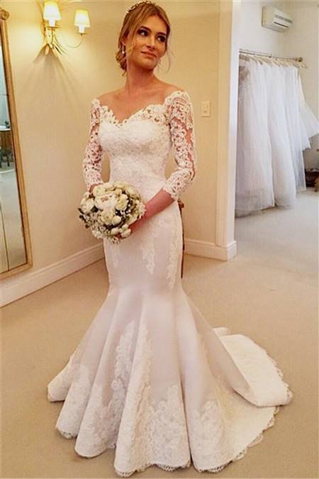 lace fishtail off the shoulder wedding dress