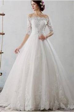 lace wedding dress with off the shoulder sleeves
