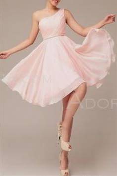 light pink one shoulder short bridesmaid dresses