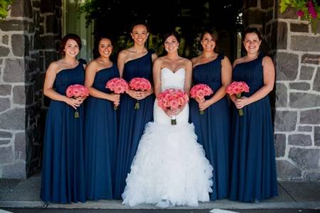 navy blue bridesmaid dresses pink flowers