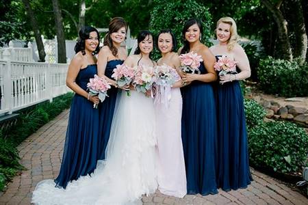 navy blue bridesmaid dresses pink flowers