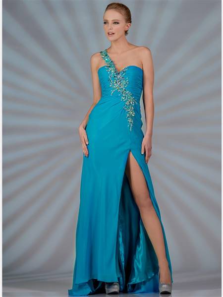 one shoulder blue prom dresses
