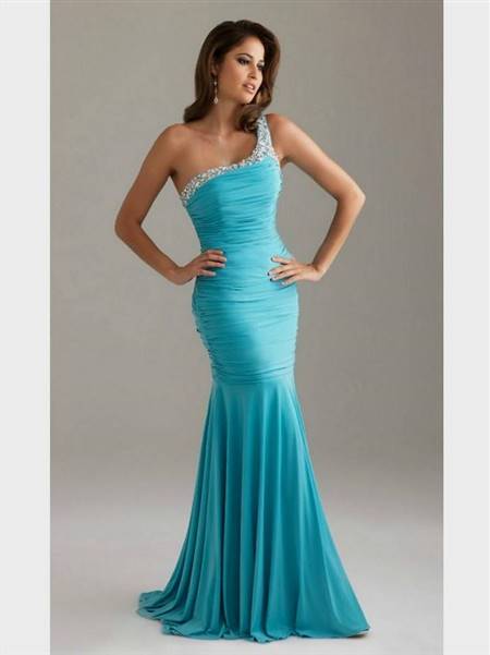 one shoulder blue sequin prom dresses