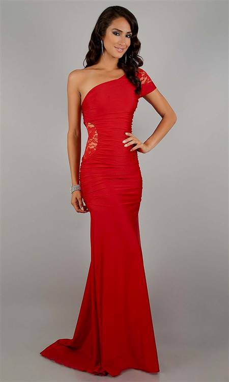 one shoulder red lace prom dresses