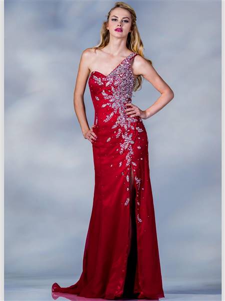 one shoulder red lace prom dresses
