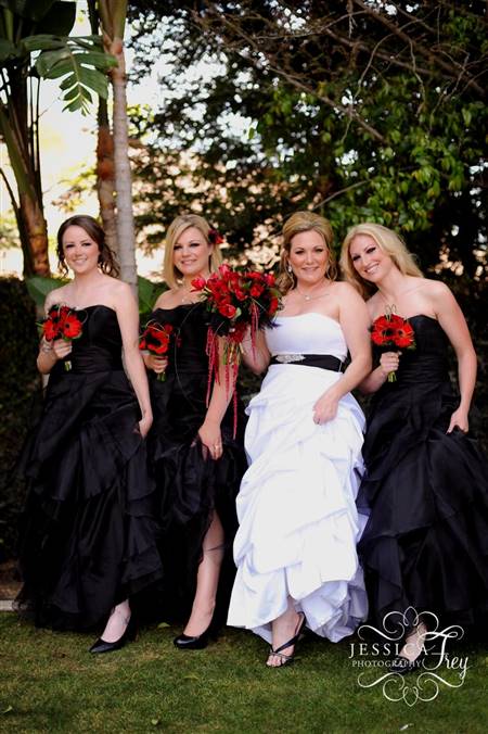 red and black and pink bridesmaid dresses