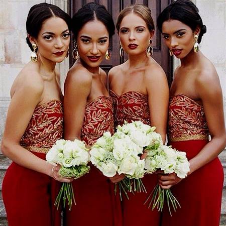 red and gold bridesmaid dresses