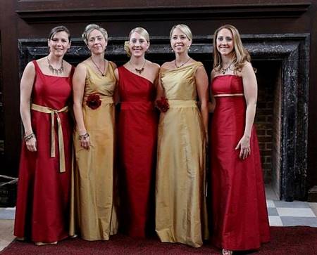 red and gold combination bridesmaid dresses