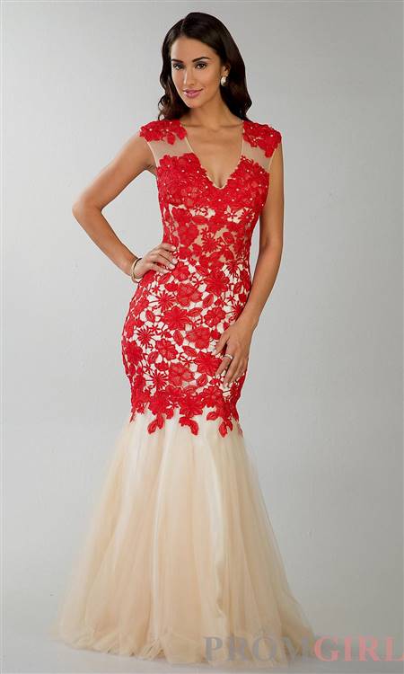 red and white lace prom dress