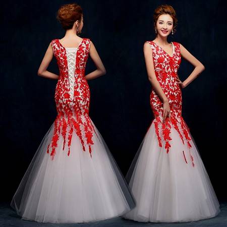 red and white wedding gown with sleeves