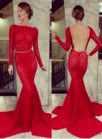 red lace mermaid prom dress