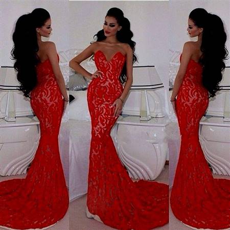 red lace mermaid prom dresses