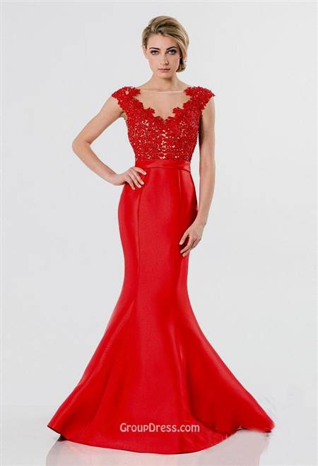 red mermaid prom dress with sleeves