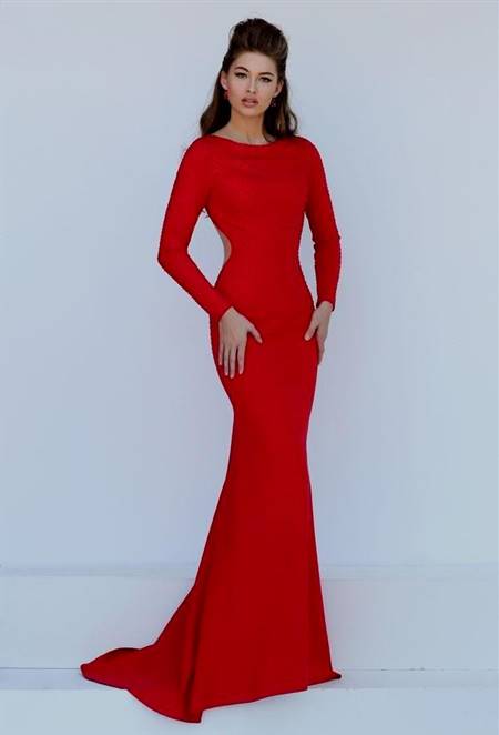 red mermaid prom dress with sleeves