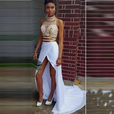 white and gold high low prom dresses