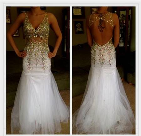 white and gold mermaid prom dresses