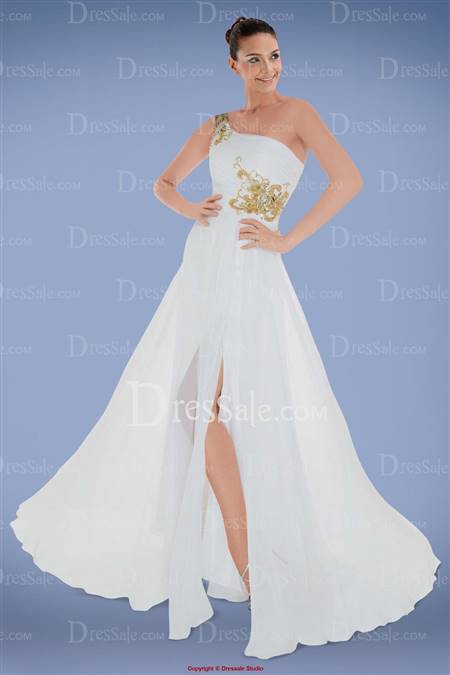white and gold one shoulder prom dresses