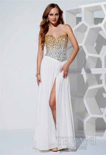 white and gold prom dresses with sleeves