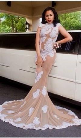 white lace mermaid prom dress