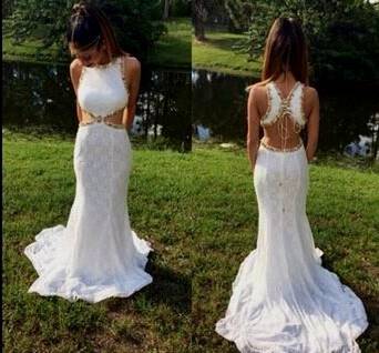 white lace prom dress open back