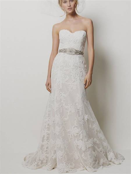 white lace strapless wedding dress