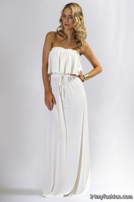 Strapless white maxi dresses