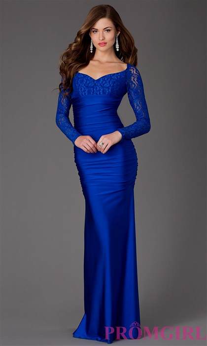blue long sleeve lace prom dress