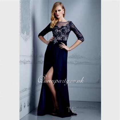 blue long sleeve lace prom dress