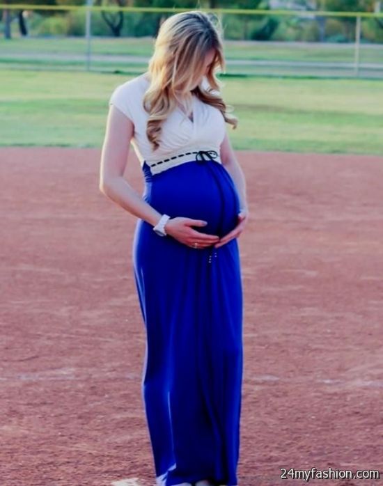 pink and blue maternity maxi dress