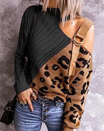 Asvivid Womens Long Sleeve Cold Shoulder Turtleneck Knit Sweater Tops Pullover Casual Loose Jumpe...